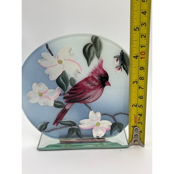 Glass Candle Holder Painted Cardinal Mirrored Apple Blossoms Tea Light - Picture 4 of 4